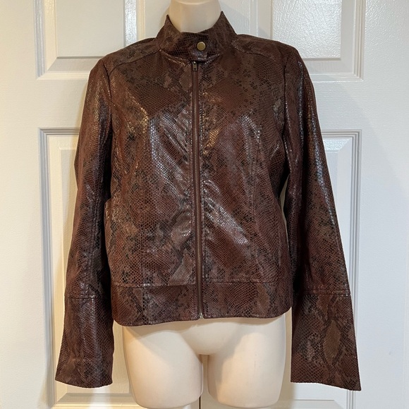 NWT-JohnPaulRichard-Supple Textured Faux Snake-Moto Jacket-Sz M-Brown/Black - Picture 1 of 5